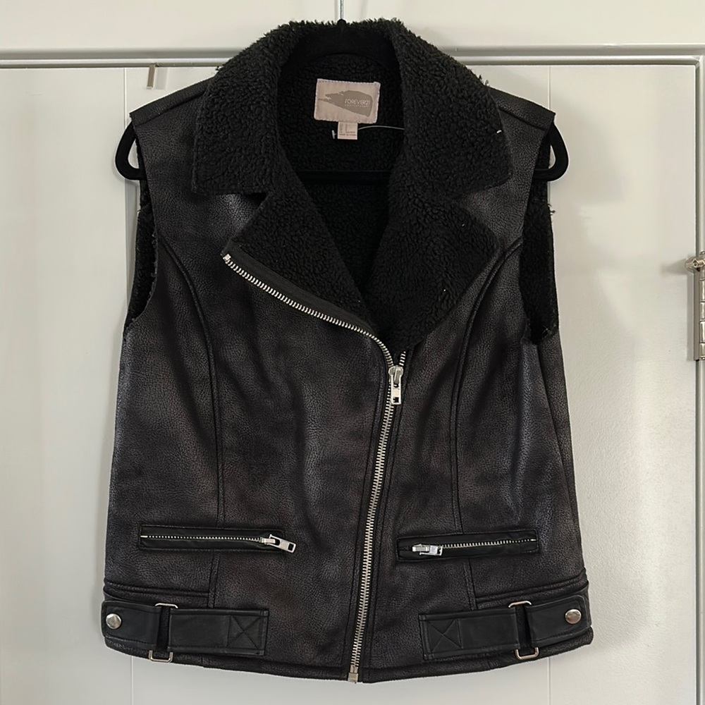 Black Biker Vest with Shearling Collar
